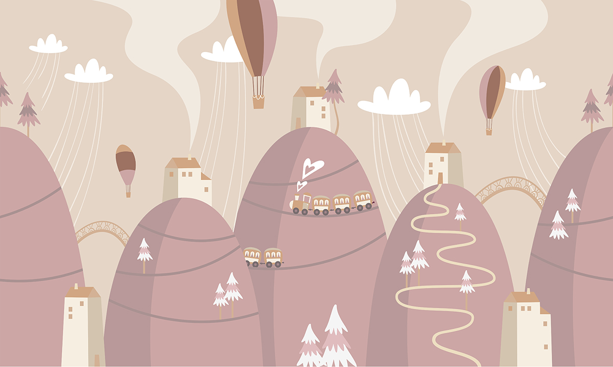 Soft,Pink,Scandinavian,Landscape,Wallpaper,Mural,,Kids,Room,Illustration,,Wallpaper