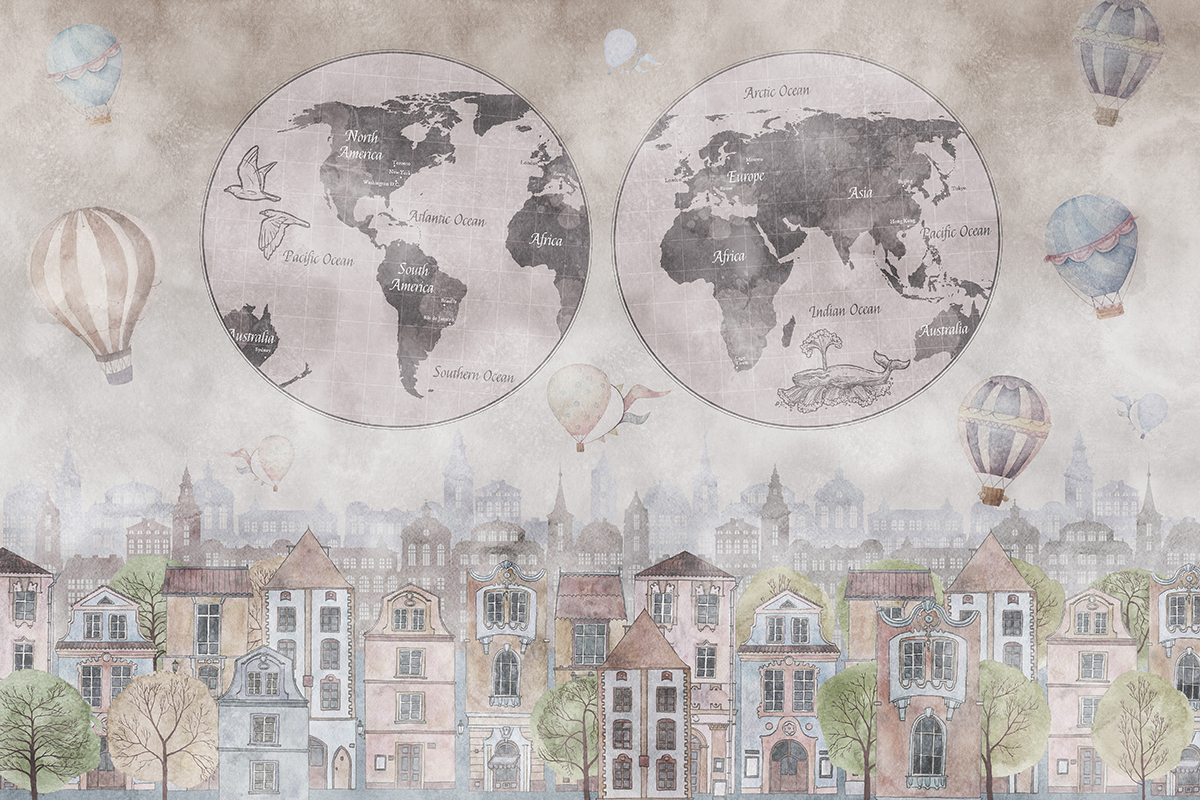 Watercolor,Village,Kit,And,Retro,World,Map,Wallpaper,Mural,,For