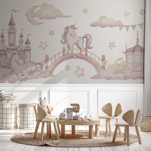 Fototapet Drömmarnas slotts-enhörningar
