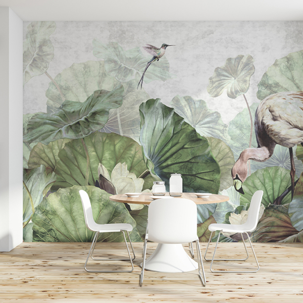 Fototapet Näckrosor och flamingo