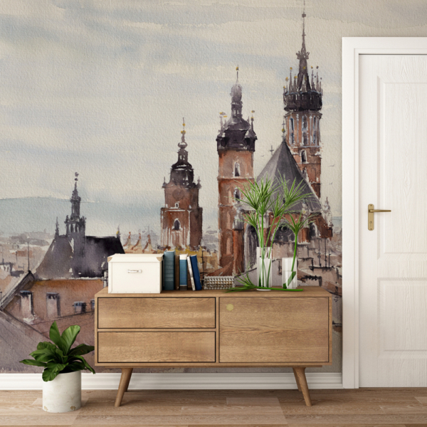 Fototapet Krakow – ett panorama över staden i akvarellstil