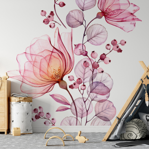 Fototapet Fina blommor – akvarell botanisk väggmålning