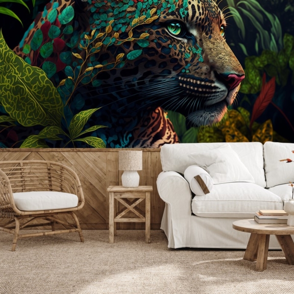 Fototapet Den mystiska pantern i de färgade löven