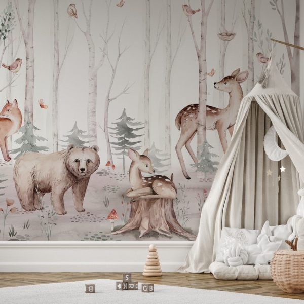 Fototapet Skogens djur i ett ömtåligt landskap
