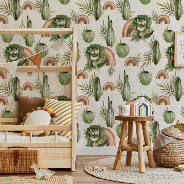 Fototapet Boho Dinosaurie med kaktusar