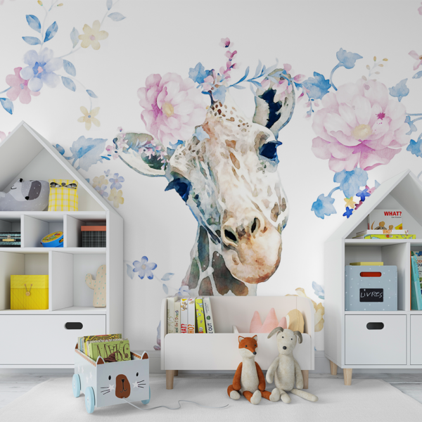 Fototapet Giraff omgiven av pastellblommor