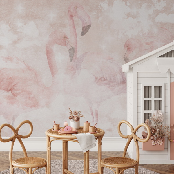 Fototapet Pastellfärgade flamingos i molnen
