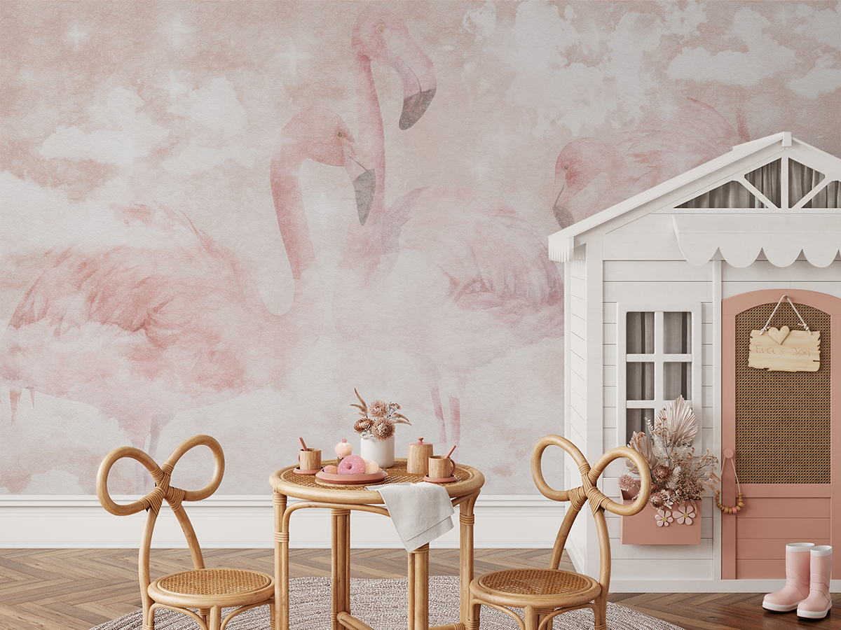 Fototapet Pastellfärgade flamingos i molnen