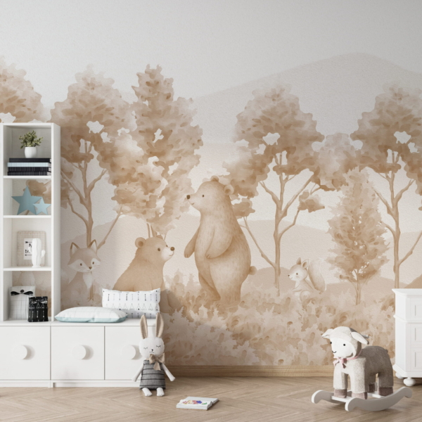 Fototapet Skogsdjur i en beige glänta