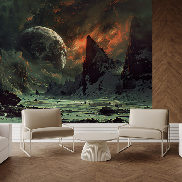 Fototapet Främmande planet över det klippiga landet