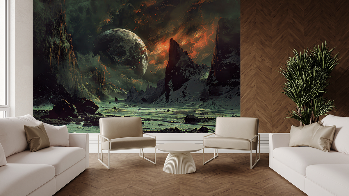 Fototapet Främmande planet över det klippiga landet