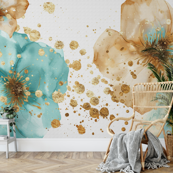 Fototapet Akvarellblommor med guld