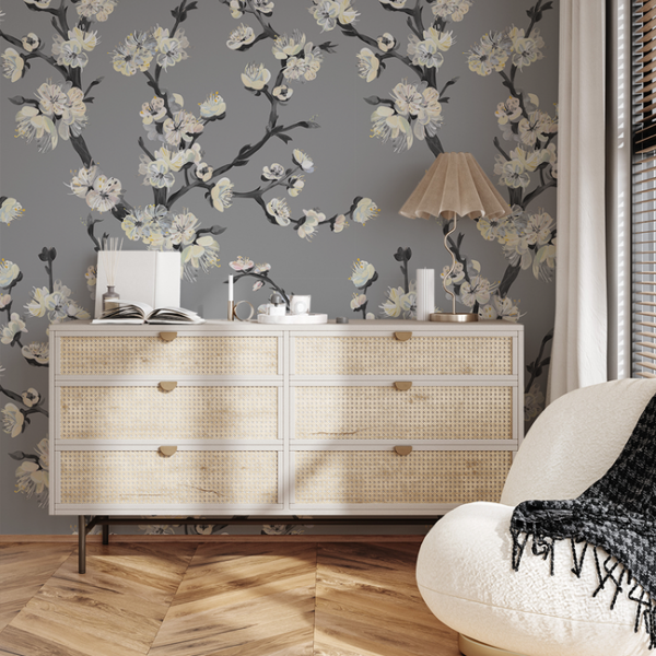 Fototapet Blomgrenar på en grå bakgrund