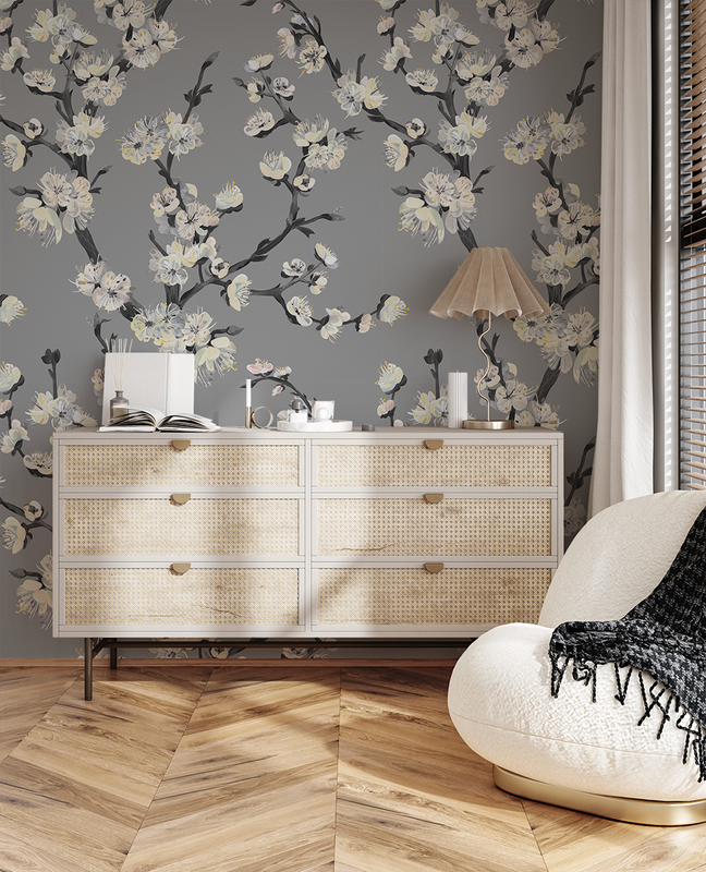 Fototapet Blomgrenar på en grå bakgrund