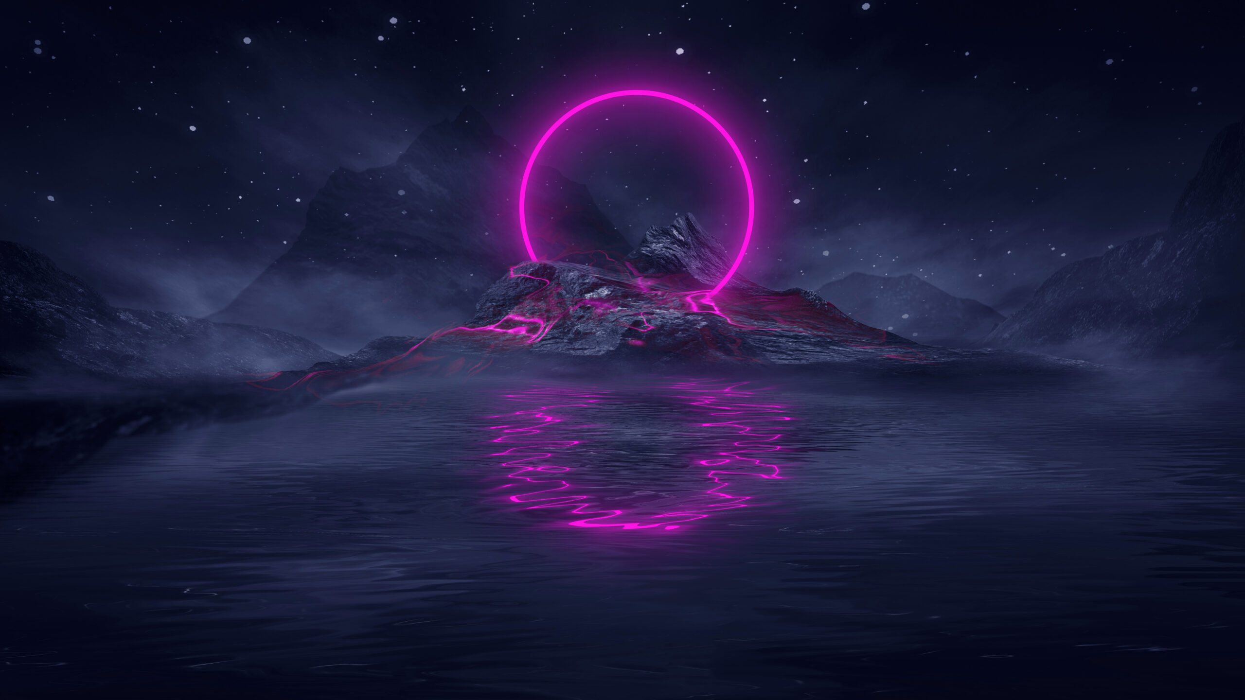 Futuristic fantasy night landscape with abstract landscape and island, moonlight, radiance, moon, neon. Dark natural scene with light reflection in water. Neon space galaxy portal.
