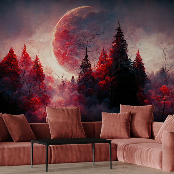 Fototapet Den röda planeten över den mörka skogen