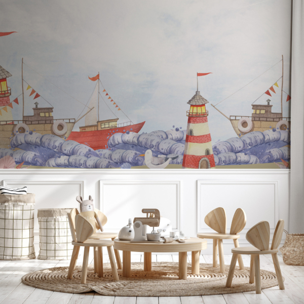 Fototapet Fyr och segelbåtar