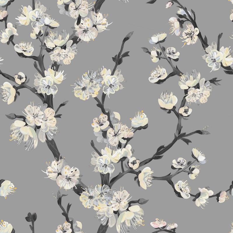 Botanical black and white seamless pattern with sakura cherry branch drawn