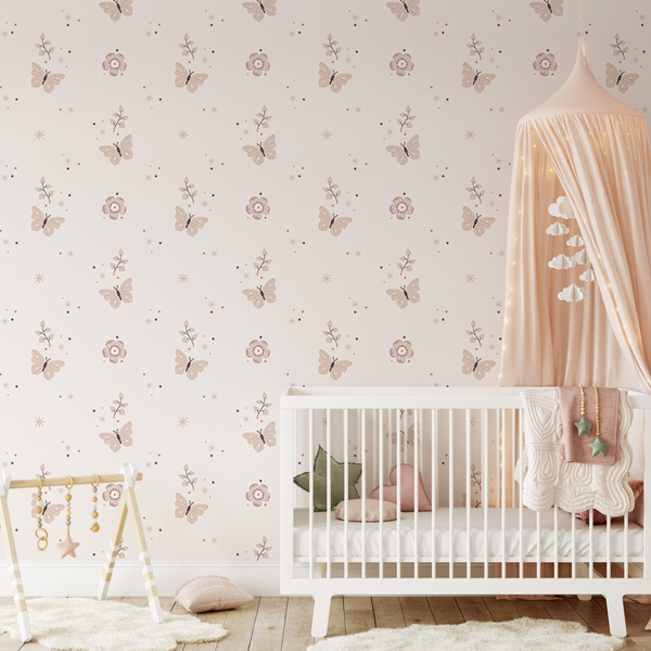 Fototapet Beige fjärilar och blommor