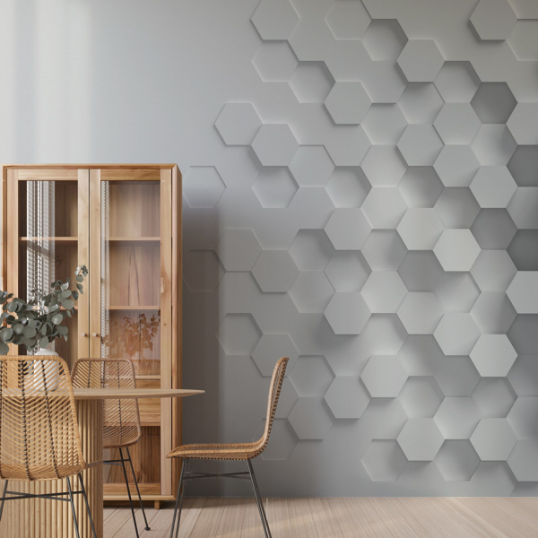 Fototapet 3D Hexagons – en grå fototapet med ett geometriskt mönster