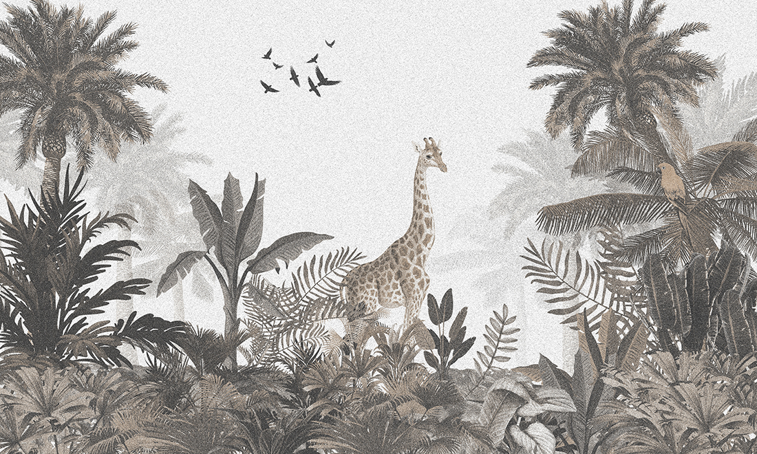 Vintage,Tropical,Animals,Wallpaper:,Giraffe,In,Muted,Brown,Jungle,Landscape